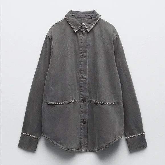 Women Zara Rhinestone Denim Overshirt Size XS - Picture 7 of 11